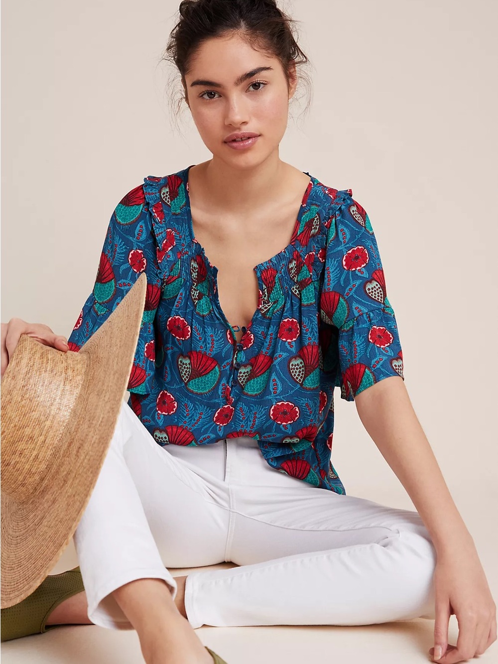 Anthropologie Maeve Letitia Smocked Blouse Peasant Blouse Size Small Botanical